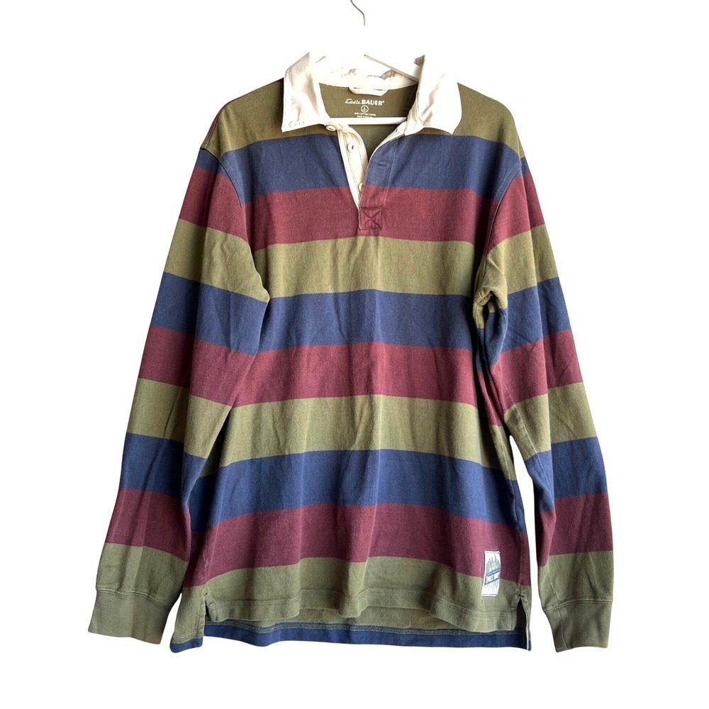 Eddie Bauer Rugby Shirt Striped Long Sleeve Cotton Green Mens Large Tall